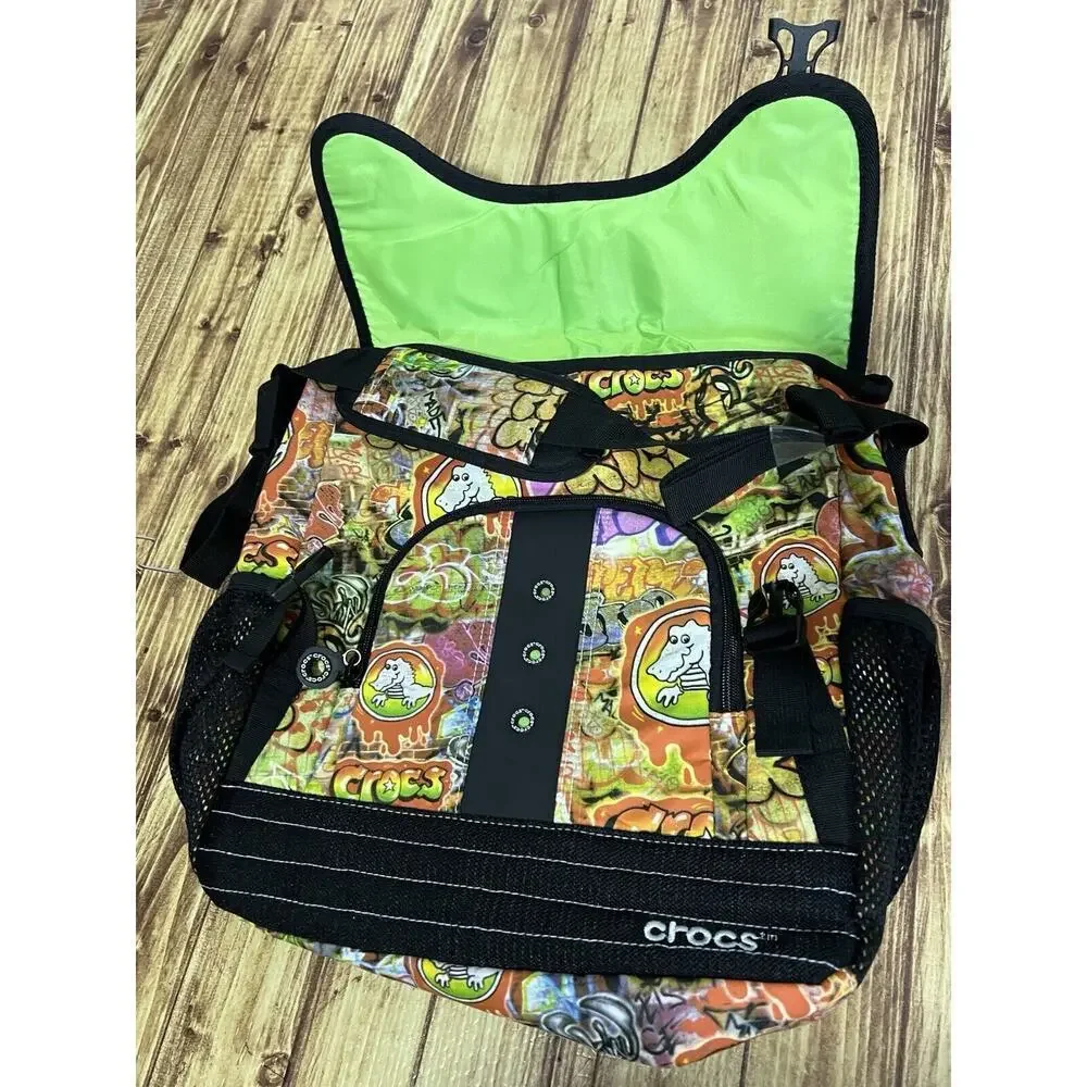 Crocs Graffiti Dinosaur Messenger Bag Adult Lime Green Interior